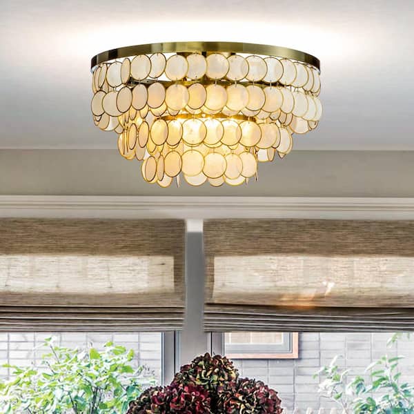 ALOA DECOR 4-Light 18.5 in. Round Coastal Capiz Tiered Flush Mount Ceiling Light With Antique Gold Metal And Natural Seashell