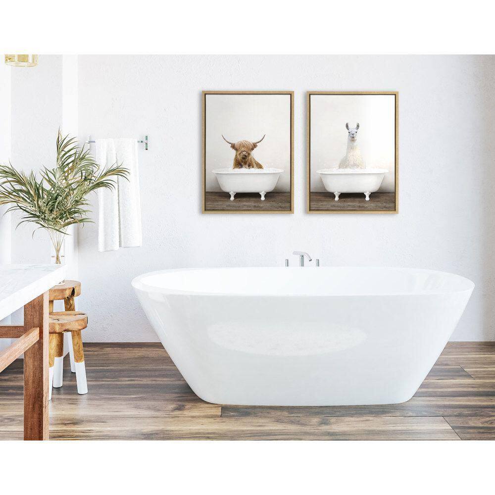 Highland Cow and Llama Bubble Bath Canvas Art Set, 18x24, Natural Wood Frame