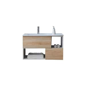 36 in. W x 18 in. D x 22 in. H Gray Wood Grain Wall-Mounted Bathroom Vanity with White Ceramic Sink Top