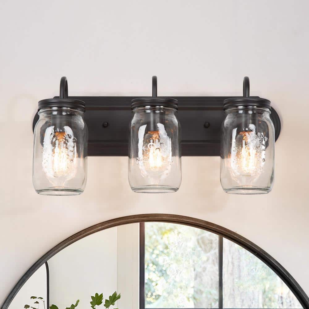 LNC A02980 3-Light Oil-Rubbed Bronze Farmhouse Vanity Light Industrial Bath Wall Sconce Light with Clear Mason Jar Glass Shades, image size:1000x1000