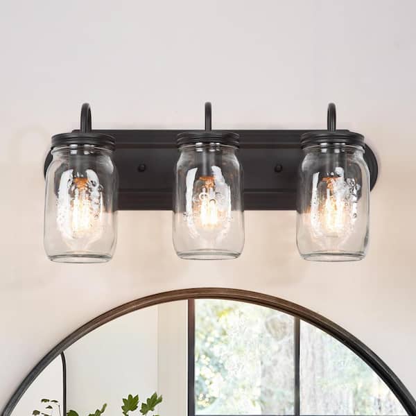 LNC Modern Farmhouse 19 in. 3-Light Black Bronze Bathroom Vanity Light with Clear Mason Jar Glass Shade, Coastal Wall Sconce