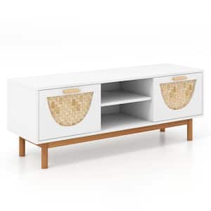 White TV Stand Fits TVs up to 55 in. with 2-Drawers and Bamboo Woven Fronts Solid Wood Legs