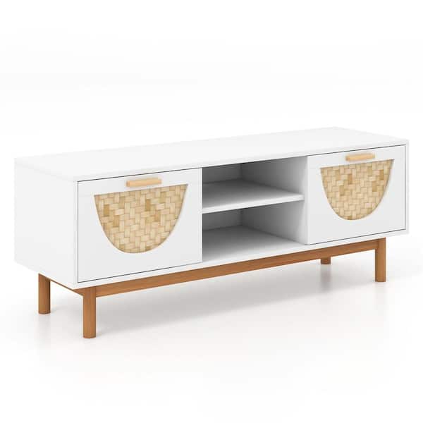 Costway White TV Stand Fits TVs up to 55 in. with 2-Drawers and Bamboo Woven Fronts Solid Wood Legs