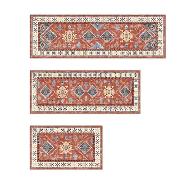Siavonce 20 in. x 60 in. Set of 3 Kitchen Rugs with Runners Non-slip Kitchen Rugs and Pads, Indoor Washable Mats, Red
