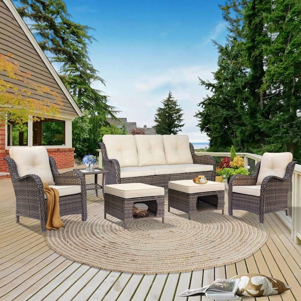 Brown 6-Piece Wicker Outdoor Patio Conversation Seating Sofa Set Beige Cushions with Ottoman and Patio Furniture Covers