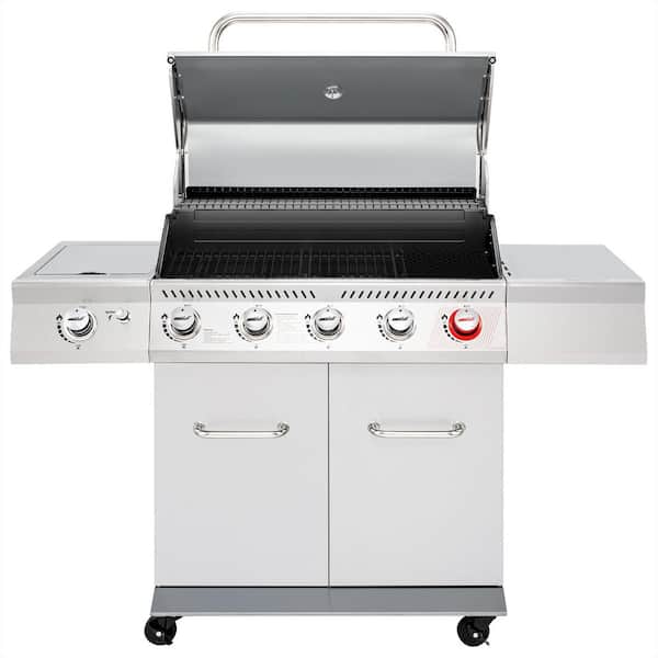6 Burner Propane Gas Grill with Sear Burner and Side Burner, Cabinet Style, Silver