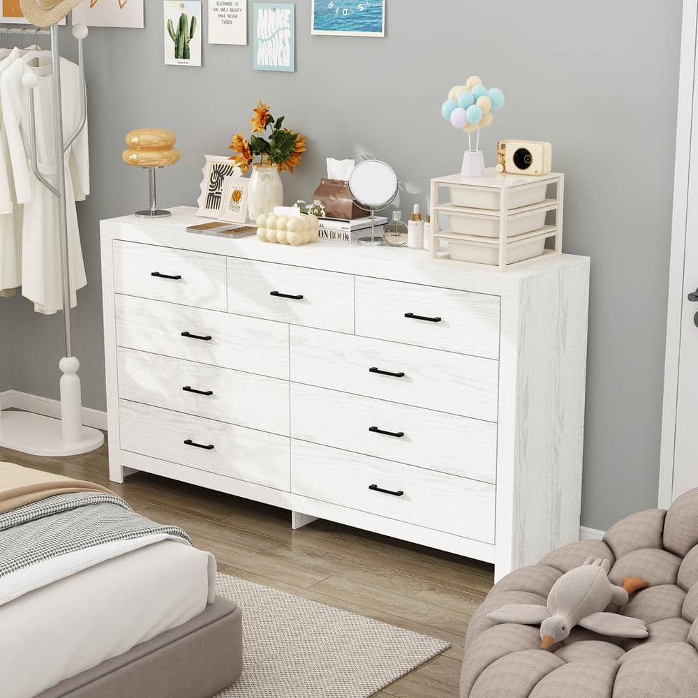 White Wood Grain 63 in. W Wooden Dresser, Chest of Drawers, Sideboard with 9-Drawers without Mirror - thumbnail 2