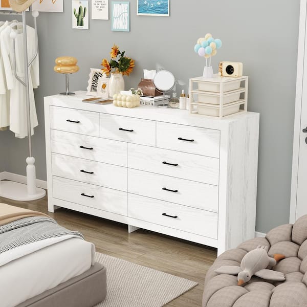 White Wood Grain 63 in. W Wooden Dresser, Chest of Drawers, Sideboard with 9-Drawers without Mirror