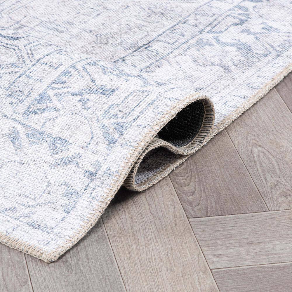 Blue Flat-Woven Medallion Machine-Washable Non-Slip Area Rug