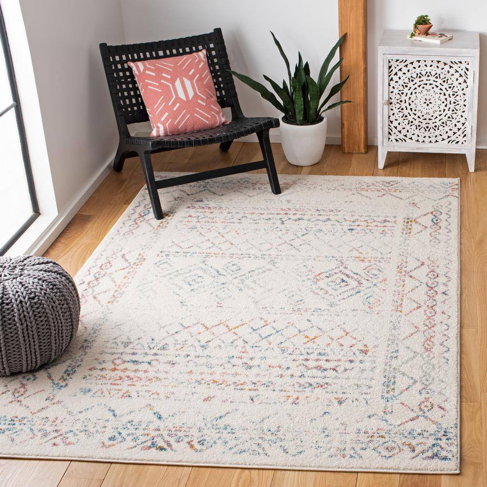 Ivory and Blue Moroccan Boho Distressed Area Rug, 8' x 10'
