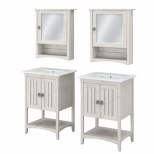 Salinas 24.21 in. W Double Sink Bath Vanity in Linen White Oak with White Wood Top and Mirror