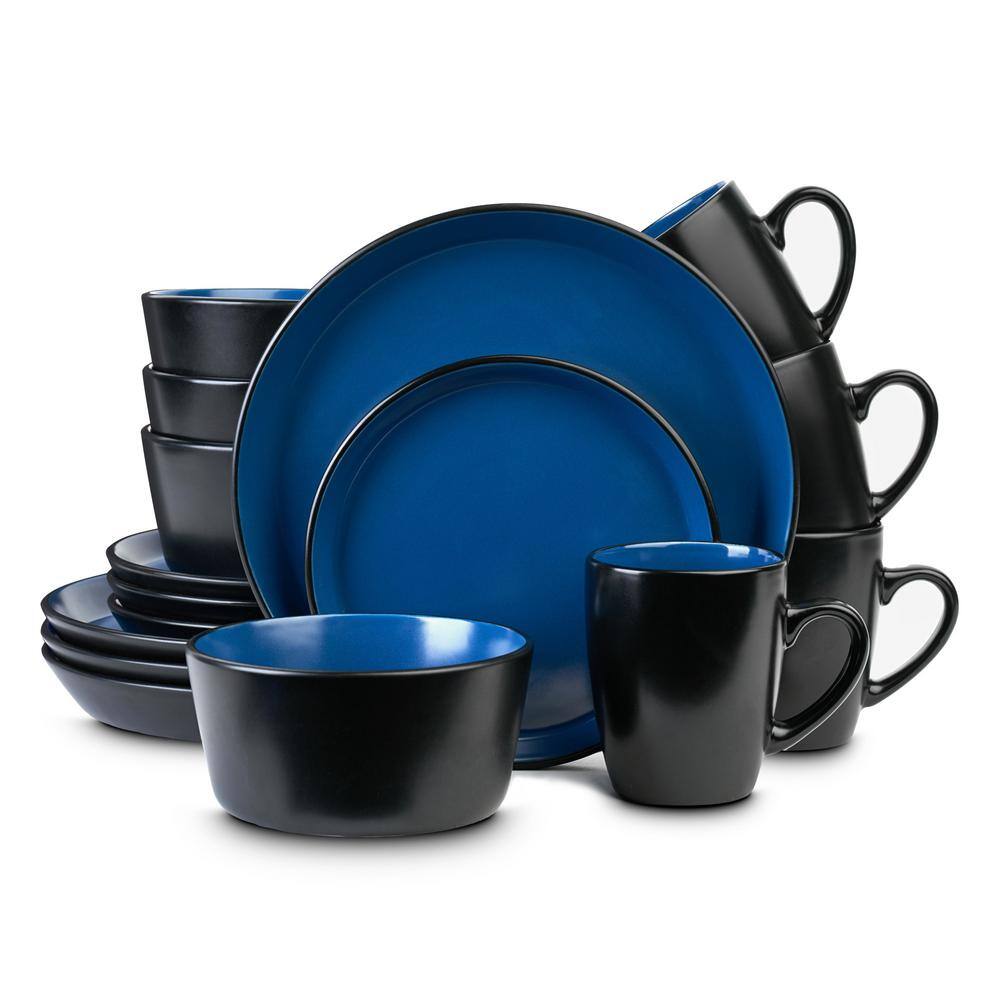 Blue and Black Glazed Porcelain 16-Piece Dinnerware Set