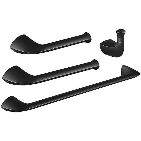 BWE 4-Piece Bath Hardware Set in Matte Black with Towel Ring, Toilet Paper Holder, Towel Hook and 24 in. Towel Bar