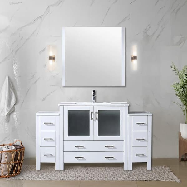 Lexora Volez 60 in. W x 18 in. D Double Bath Vanity in White with White Ceramic Top and Mirror