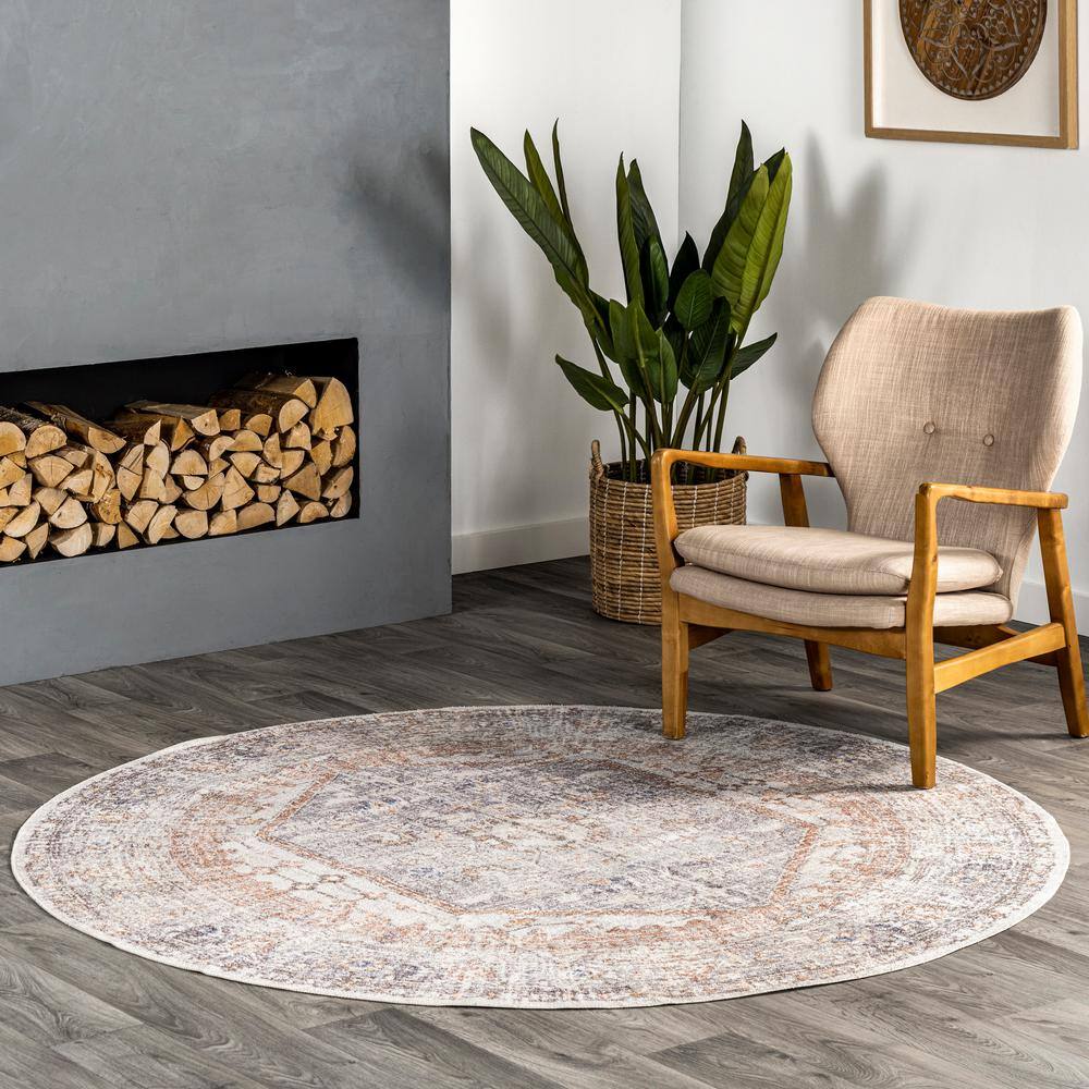 Easy-Care Vintage Floral 8' Round Gray Synthetic Rug
