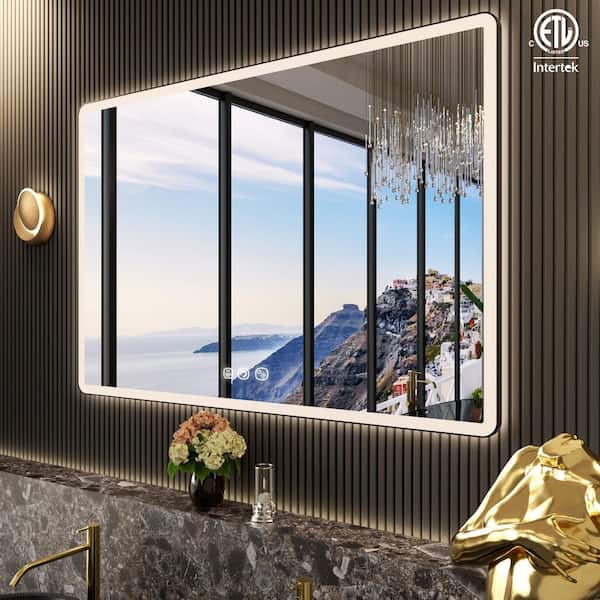 60 in. W x 40 in. H Rectangular Framed Anti-Fog Wall Bathroom Vanity LED Mirror with Backlit and Front Light