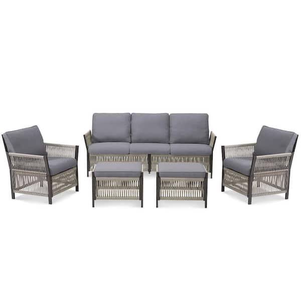 5-Piece Set Wicker Patio Conversation Set with Gray Cushions, Handwoven Wicker