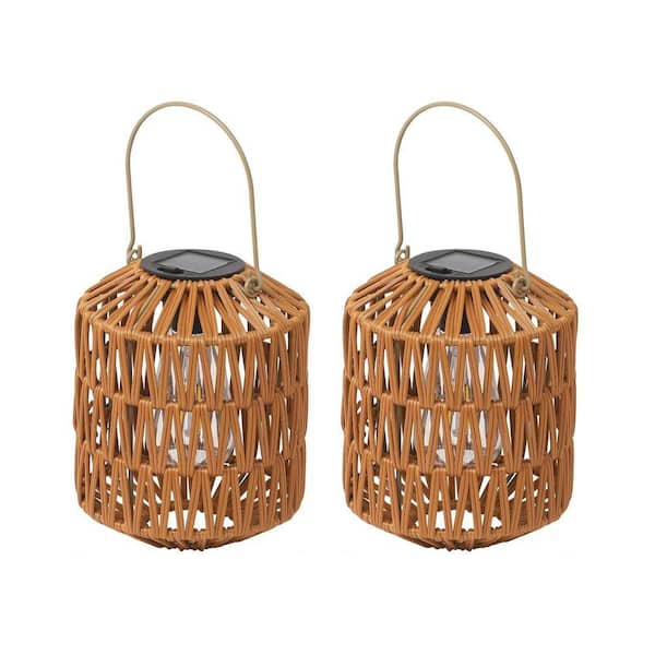 2-Pack Rattan Solar Rattan Outdoor Lanterns Waterproof Hanging Lights with Auto On/Off