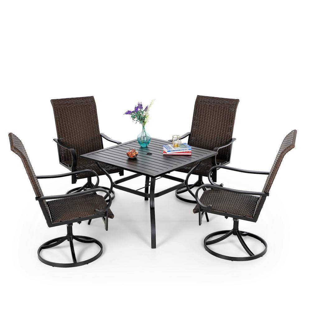 PHI VILLA Black 5-Piece Metal Patio Outdoor Dining Set with Slat Square Table and Brown Rattan High Back Swivel Chairs-THD5-0601-351 - The Home Depot