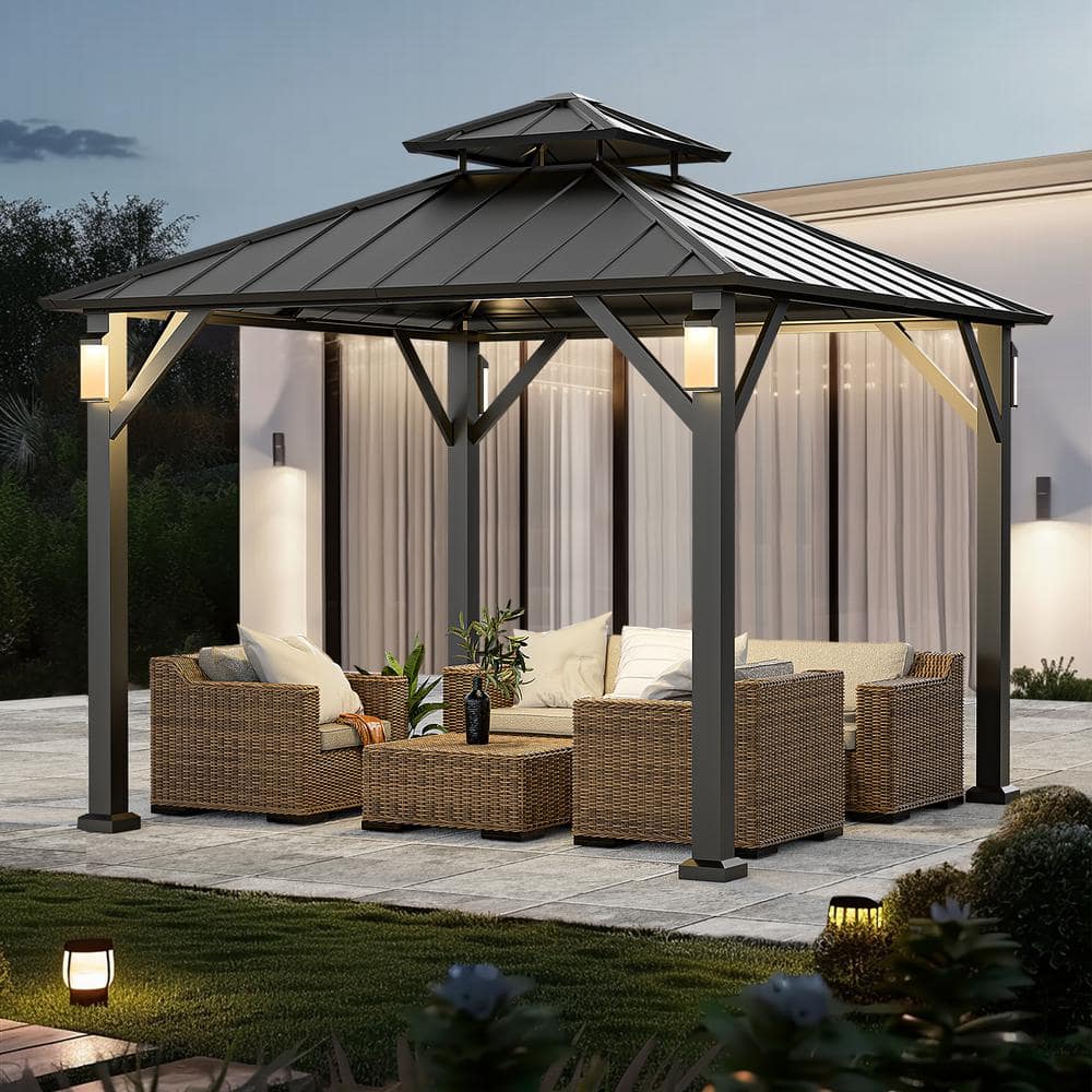 10' x 10' Black Aluminum Hardtop Gazebo with LED Lights