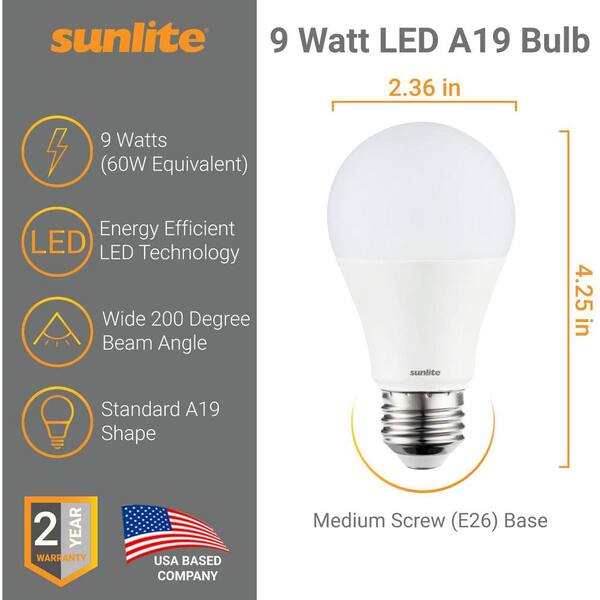 12 Pack Sunlite LED A19 Bulbs Non-dimmable 3000K Warm White 9W 60W Equal 