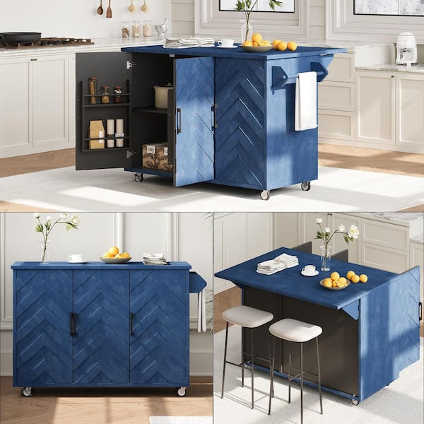 Ximuprmy Blue Wood 51 in. Kitchen Island with 3D Wave Stripes Ash Veneer, Drop Leaf and Internal Storage Rack for Kitchen Room
