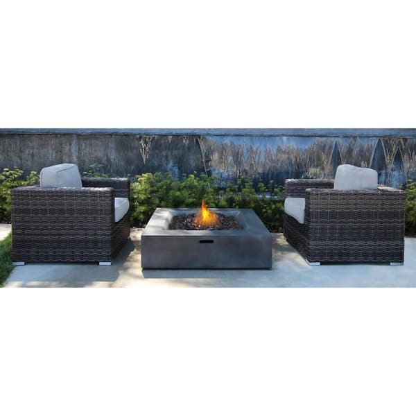 Espresso 3-Piece Wicker Patio Conversation Set with Gray Cushions and 40,000 BTUs Fire Pit