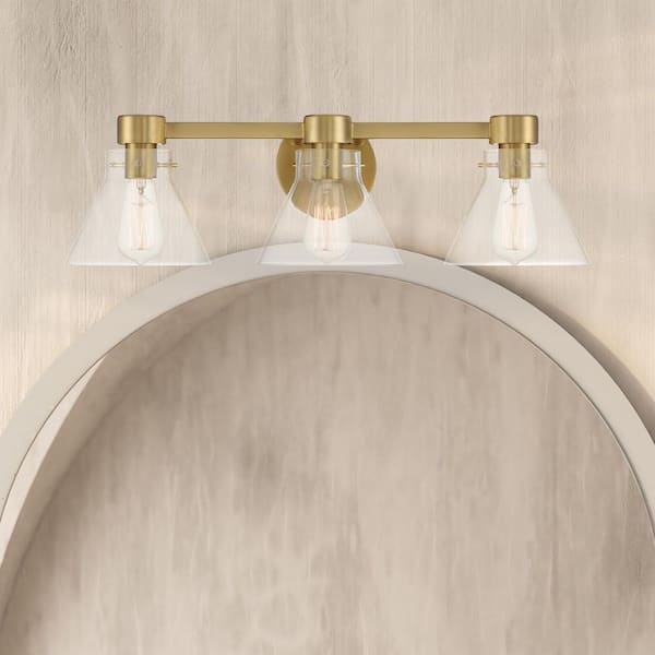 Willow Creek 25 in. 3-Light Brushed Gold Contemporary Vanity Light with Clear Blown Glass Shades