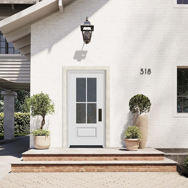36 in. x 80 in. 1-Panel Right Hand Inswing 4-Lite Clear Ash Fiberglass Prehung Front Door with Brickmould