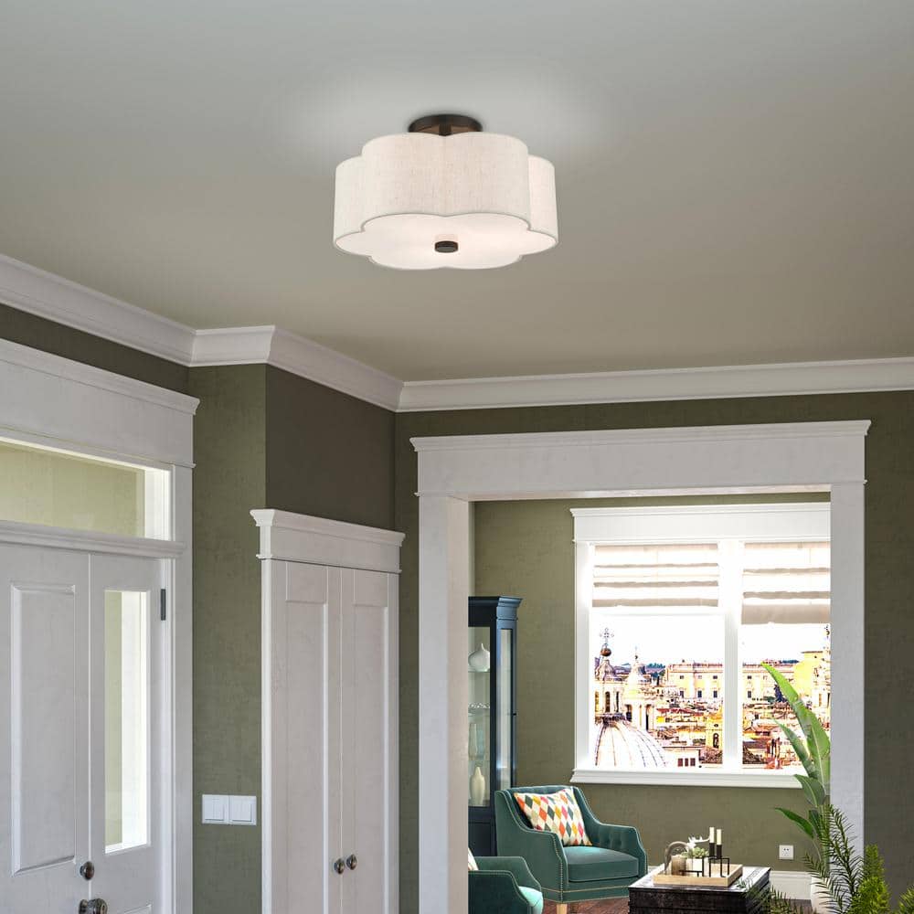 Solstice English Bronze 3-Light Indoor Drum Flush Mount with Oatmeal Shade