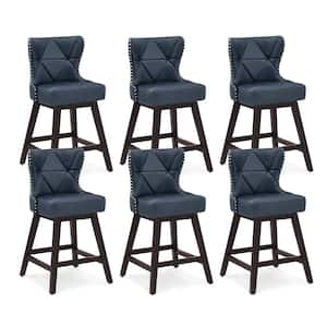 Zola 26 in. Navy Blue Wood Frame Counter Bar Stool Faux Leather Upholstered Swivel Bar Stool Set of 6