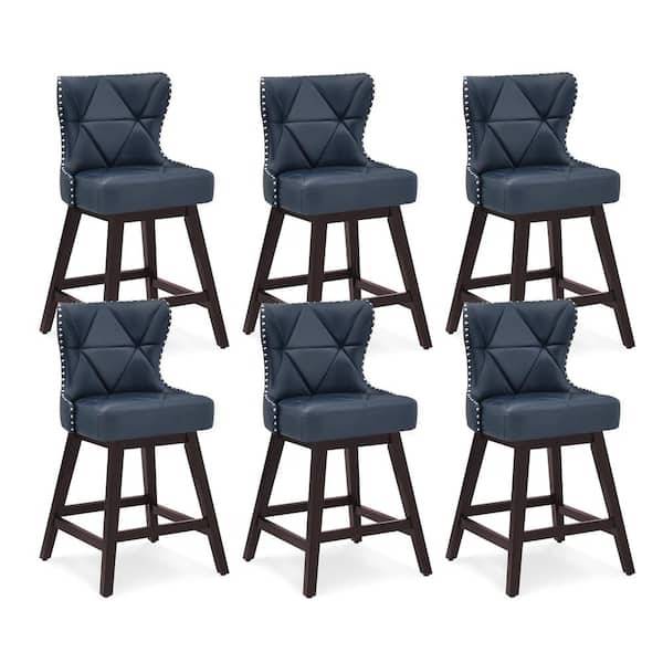 OrangeOne Zola 26 in. Navy Blue Wood Frame Counter Bar Stool Faux Leather Upholstered Swivel Bar Stool Set of 6