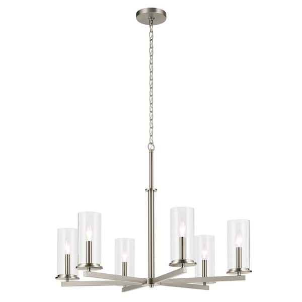 Crosby 32.25 in. 6-Light Brushed Nickel Contemporary Candlestick Cylinder Chandelier for Dining Room