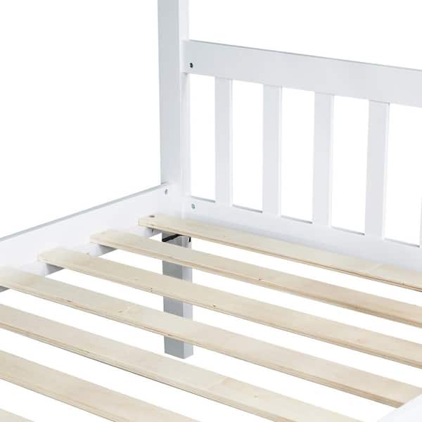 Twin Over Twin Bunk Bed White Wood Frame Twin Platform Bed with Trundle, Convertible, Guardrails & Ladder