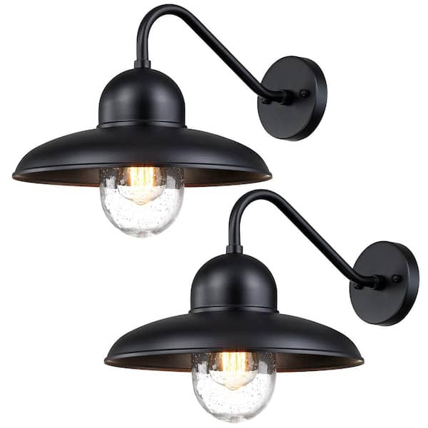 pasentel 12 in. 1-Light Hardwired Black Outdoor Barn Wall Lights with Clear Seeded Glass, Weatherproof Fixtures (2-Pack)