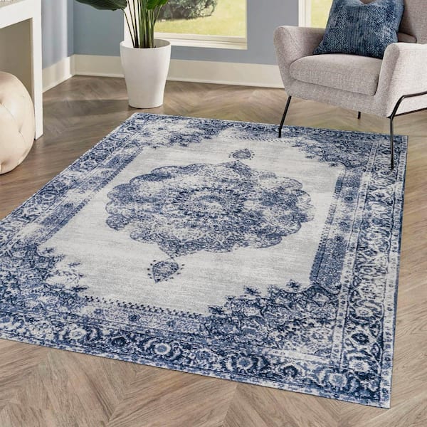 5 ft. x 8 ft. Ivory/Navy Rosalia Cottage Medallion Area Rug