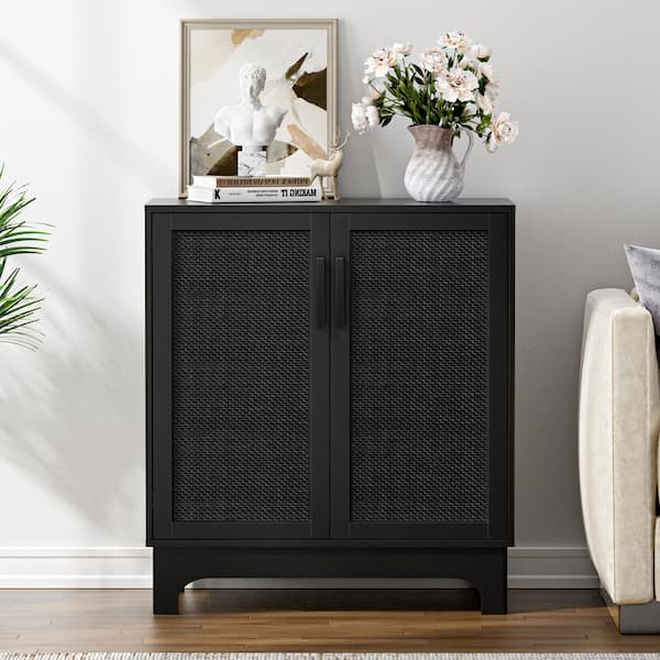 Aupodin Black MDF Wood 31.5 in. Buffet Sideboard with 2-Rattan Doors for Kitchen, Living Room, Bedroom, Hallway