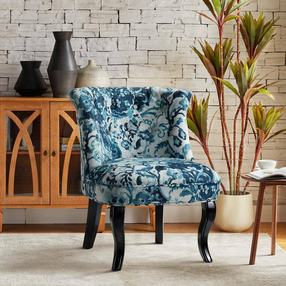 Indigo Floral Velvet Accent Chair with Black Wooden Legs