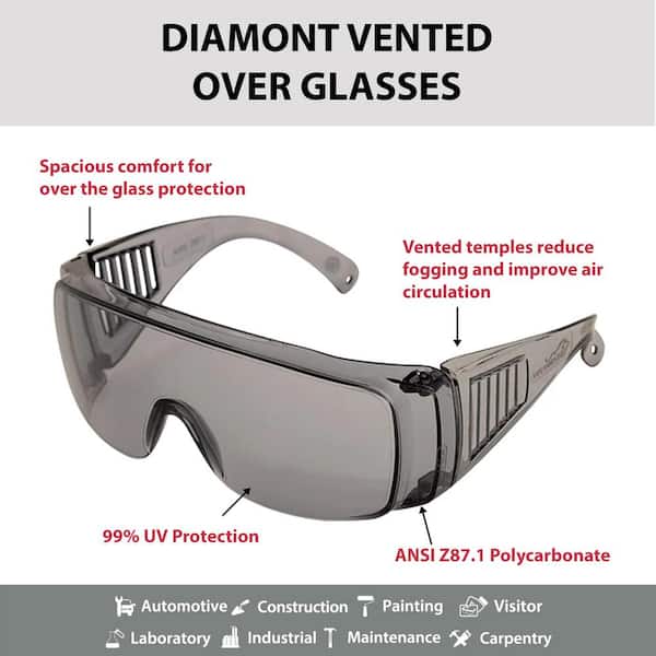 BISON LIFE Gray Diamont Vented Over Safety Glasses, Anti-Scratch, ANSI  Z87.1 (72-Pairs) SH-VOSG-FCGY-ES12-72 - The Home Depot