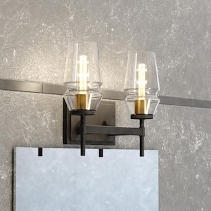 Warren 13 in. W 2-Light Black and Brass Mid Century Modern Bathroom Wall Vanity Light Fixture Clear Glass