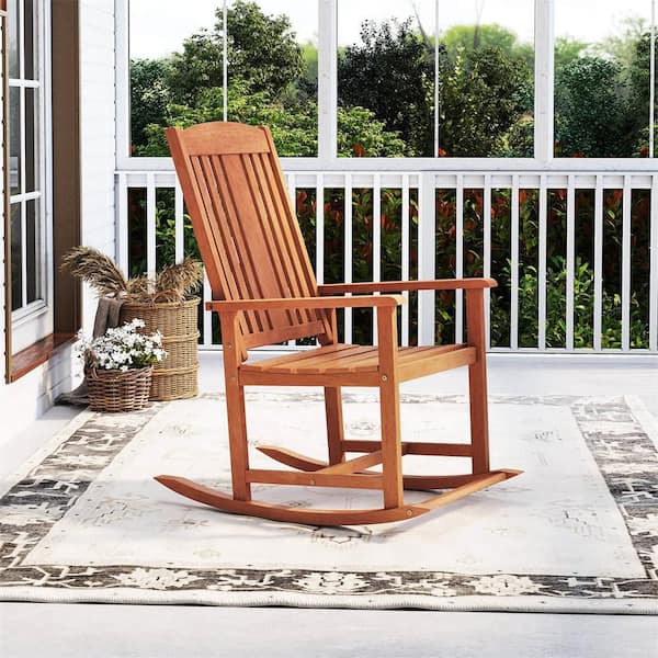 1 Piece Wood Outdoor Rocking Chair with Slatted Seat Wide Armrests and Footrest for Patio