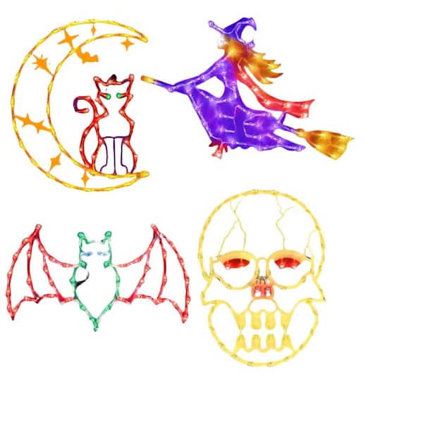 16 in. Halloween Lights 4-Piece Color Lighted Witch Bat Skull Head and Cat on Moon for Holiday Decorate