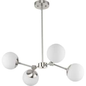 Haas 26.25 in. 4-Light Brushed Nickel Mid-Century Modern Chandelier with Opal Glass Shade