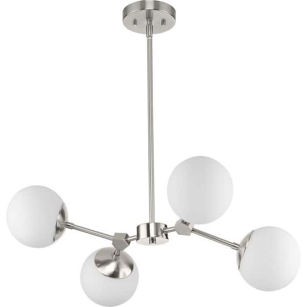 Progress Lighting Haas 26.25 in. 4-Light Brushed Nickel Mid-Century Modern Chandelier with Opal Glass Shade