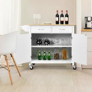 Modern White Rolling Kitchen Cart with Natural Wood Top