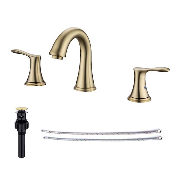 RAINLEX 8 in. Widespread Double Handle Bathroom Faucet with Drain Assembly in Brushed Gold