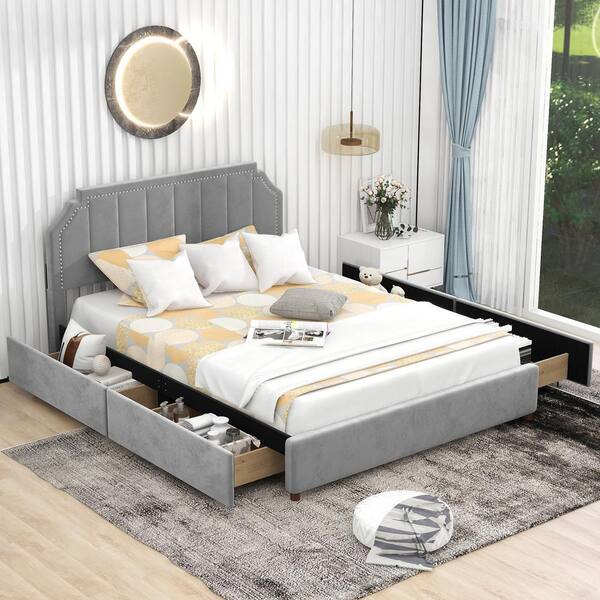 URTR Gray Wood Frame Queen Size Velvet Upholstery Platform Bed With Four  Storage Drawers, Headboard and Support Legs T-01666-E - The Home Depot