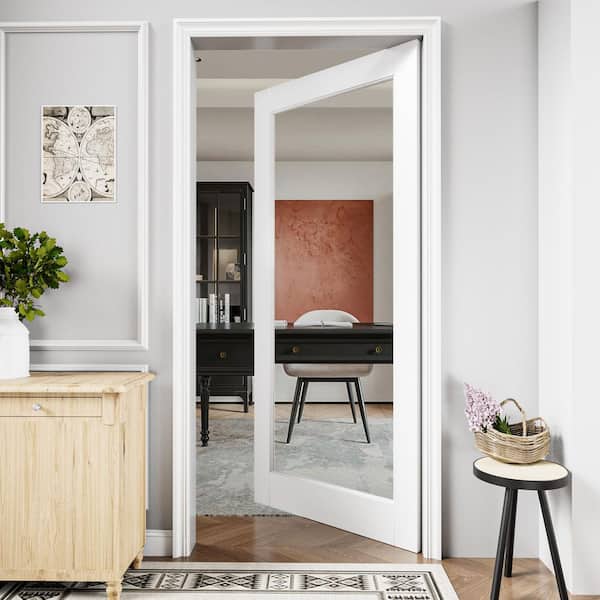 36 in. W. x 80 in. Solid Core 1-Lite Tempered Clear Glass White Primed MDF Interior Door Slab