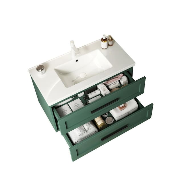 FAMYYT 36 in. Single Sink Floating Green Bath Vanity with White