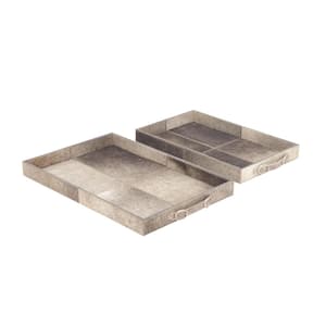 Gray Handmade Wood Cowhide Decorative Tray with Slot Handles (Set of 2)